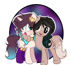 Size: 1024x938 | Tagged: safe, artist:sylveontriestodraw, derpibooru import, oc, oc only, oc:coffee heart, oc:creativity love, pegasus, pony, unicorn, clothes, female, hug, mare, side hug, simple background, socks, transparent background, unshorn fetlocks