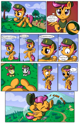 Size: 1280x1974 | Tagged: safe, artist:sirzi, apple bloom, scootaloo, sweetie belle, pony, comic:talisman for a pony, comic, cutie mark crusaders, filly guides, filly scouts, happy, jackie chan adventures, scootaloo can fly, scout uniform, talisman