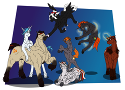 Size: 4360x3160 | Tagged: safe, artist:siegfriednox, derpibooru import, oc, oc only, oc:blaze of glory, oc:burning courage, oc:domino dance, oc:eclipse starwind, oc:royal flush, oc:thorn of rose, oc:zaria elikes, earth pony, pegasus, pony, unicorn, zebra, boop, flying, group, leaning, levitation, lying, magic, rearing, scrunchy face, telekinesis, zebra oc