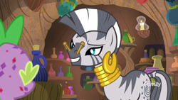 Size: 1920x1080 | Tagged: safe, derpibooru import, screencap, spike, zecora, dragon, zebra, molt down, bottle, candle, clothespin, duo, ear piercing, earring, female, jewelry, jug, male, mare, neck rings, nose pinch, piercing, potion, pouch, smelly, smiling, stone scales, zecora's hut