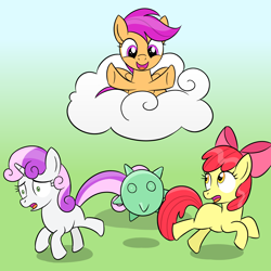 Size: 2000x2000 | Tagged: safe, artist:sazanamibd, derpibooru import, apple bloom, scootaloo, sweetie belle, earth pony, pegasus, pony, unicorn, abuse, applebuse, bully, bullying, cutie mark crusaders, female, filly, lakitu, mare, sweetiebuse