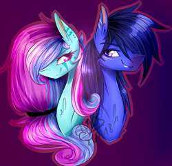 Size: 1024x989 | Tagged: safe, artist:chaospuschel, derpibooru import, oc, oc only, pony, blue, bust, couple, evil, fluffy, portrait