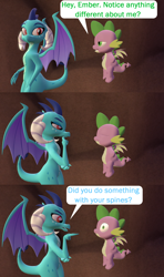 Size: 1280x2160 | Tagged: safe, artist:red4567, derpibooru import, princess ember, spike, dragon, molt down, 3d, comic, failed a spot check, oblivious, source filmmaker, winged spike