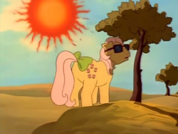 Size: 1018x768 | Tagged: safe, derpibooru import, screencap, posey, pony, g1, the magic coins, cloud, hot, sky, sun, sunglasses, tree