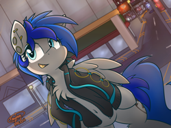 Size: 5000x3768 | Tagged: safe, artist:dshou, artist:php40, oc, oc only, oc:sapphire sights, pegasus, pony, absurd resolution, chest fluff, city, clothes, cyberpunk, ear piercing, eyebrow piercing, female, futuristic, jacket, night, piercing, wings