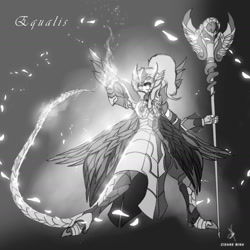 Size: 1440x1440 | Tagged: safe, artist:zidanemina, derpibooru import, oc, oc only, oc:equalis, human, armor, armpits, crossover, digital art, female, humanized, humanized oc, majestic, monochrome, saint seiya, solo, staff