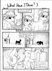 Size: 2550x3506 | Tagged: safe, artist:lupiarts, derpibooru import, oc, oc only, oc:camilla curtain, oc:chess, oc:sally, pegasus, pony, comic:what have i done, black and white, comic, female, filly, foal, grayscale, monochrome, sad, speech bubble, traditional art, workaholic