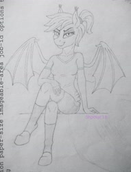 Size: 3113x4077 | Tagged: safe, artist:shpinat9, derpibooru import, oc, oc only, anthro, bat pony, bat pony oc, monochrome, sitting, smiling, solo, traditional art, wings, wip