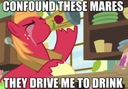 Size: 1026x720 | Tagged: safe, derpibooru import, edit, edited screencap, screencap, big macintosh, the break up breakdown, apple cider, cider, confound these ponies, crying, dialogue, drinking, image macro, meme, mug, reaction image, solo, tankard, the dover boys