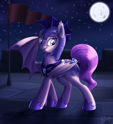 Size: 1800x1978 | Tagged: safe, artist:sirzi, derpibooru import, oc, oc only, bat pony, pony, armor, bat pony oc, female, full moon, helmet, mare, moon, night, night guard, smiling, solo