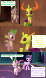 Size: 1280x2160 | Tagged: safe, artist:red4567, derpibooru import, spike, thorax, twilight sparkle, twilight sparkle (alicorn), alicorn, changedling, changeling, dragon, pony, molt down, 3d, comic, dustbowl, female, king thorax, male, source filmmaker, winged spike