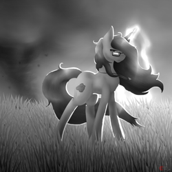 Size: 1024x1024 | Tagged: safe, artist:anxiouslilnerd, oc, oc only, oc:thunderstorm, pony, unicorn, black and white, female, field, gift art, glasses, grass, grayscale, jewelry, lightning, magic, monochrome, necklace, paint tool sai, storm, tornado, unicorn oc, wind