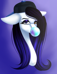 Size: 1382x1800 | Tagged: safe, artist:minelvi, oc, oc only, oc:cyan crystal, earth pony, pony, backwards ballcap, baseball cap, bubblegum, bust, cap, female, food, gum, hat, heterochromia, mare, portrait, solo