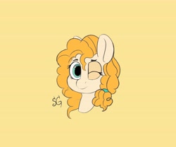 Size: 6000x5000 | Tagged: safe, artist:icey-wicey-1517, artist:sunlightgryphon, color edit, derpibooru exclusive, derpibooru import, edit, pear butter, earth pony, pony, absurd resolution, bust, colored, female, looking at you, mare, one eye closed, simple background, sketch, wink, yellow background