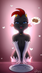 Size: 370x636 | Tagged: safe, artist:crizone-aura, derpibooru import, oc, oc:saurian, dragon, clothes, collar, cookie, evening gloves, food, gloves, heart, kobold, long gloves, male, plate