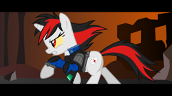 Size: 1279x718 | Tagged: safe, artist:littlestarwanderer, oc, oc only, oc:blackjack, pony, unicorn, fallout equestria, fallout equestria: project horizons, fallout, female, mare, running, solo, vault suit