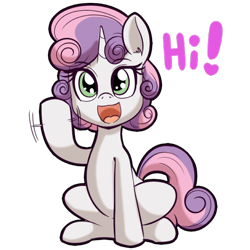 Size: 512x512 | Tagged: safe, artist:anibaruthecat, derpibooru import, sweetie belle, pony, unicorn, cute, diasweetes, explicit source, female, filly, looking at you, open mouth, simple background, smol, solo, talking to viewer, text, transparent background, waving