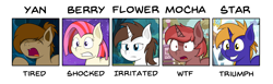 Size: 5820x1782 | Tagged: safe, artist:reconprobe, derpibooru import, oc, oc:flower star, oc:mocha, oc:star bright, oc:strawberry swirl, oc:yan, bat pony, earth pony, pony, unicorn, emotions, female, male, mare, stallion