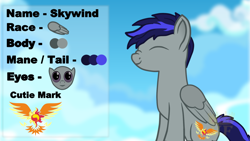 Size: 1280x720 | Tagged: safe, artist:king-franchesco, derpibooru import, oc, oc only, oc:skywind, pegasus, pony, eyes closed, hooves, male, reference, smiling, solo, stallion, text, wings