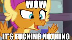 Size: 1024x576 | Tagged: safe, derpibooru import, edit, edited screencap, screencap, smolder, dragon, molt down, claws, dragoness, fangs, female, image macro, meme, nothing, open mouth, solo, text, vulgar