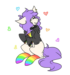 Size: 702x743 | Tagged: safe, artist:flamekitties, derpibooru import, oc, oc only, oc:maxie (ice1517), earth pony, pony, bracelet, clothes, commission, cute, ear piercing, earring, eyes closed, female, freckles, gay pride, gay pride flag, heart, hoodie, jewelry, lgbt, mare, piercing, pride, pride flag, pride socks, rainbow socks, simple background, socks, solo, striped socks, transparent background