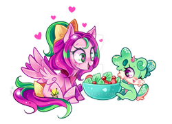 Size: 799x575 | Tagged: safe, artist:ipun, oc, oc only, oc:gadget, oc:precious metal, pegasus, pony, bow, female, food, hair bow, heart, heart eyes, mare, salad, salad bowl, simple background, sitting, tail bow, transparent background, watermark, wingding eyes