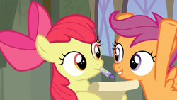 Size: 1920x1080 | Tagged: safe, derpibooru import, screencap, apple bloom, scootaloo, pony, surf and/or turf, crayon, cute, duo, excited, female, filly, looking at each other, mouth hold, paper