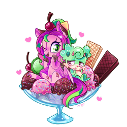Size: 800x800 | Tagged: safe, artist:ipun, oc, oc only, oc:gadget, oc:precious metal, pegasus, pony, bow, eating, female, food, hair bow, heart, heart eyes, ice cream, mare, ponies in food, simple background, tail bow, transparent background, waffle, watermark, wingding eyes