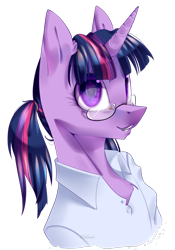 Size: 1024x1463 | Tagged: safe, artist:jun1313, derpibooru import, twilight sparkle, pony, unicorn, alternate hairstyle, bust, clothes, female, glasses, ponytail, shirt, simple background, solo, transparent background