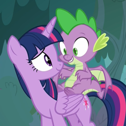 Size: 1079x1078 | Tagged: safe, derpibooru import, screencap, spike, twilight sparkle, twilight sparkle (alicorn), alicorn, dragon, pony, molt down, cropped, discovery family logo, dragons riding ponies, duo, eye contact, female, looking at each other, male, riding, smiling, winged spike