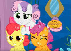 Size: 875x625 | Tagged: safe, derpibooru import, edit, edited screencap, screencap, apple bloom, scootaloo, sweetie belle, seapony (g4), surf and/or turf, adorabloom, bow, cropped, cute, cutealoo, cutie mark crusaders, diasweetes, hair bow, implied babs, implied gabby, sea-mcs, seaponified, seapony apple bloom, seapony scootaloo, seapony sweetie belle, seaquestria, smiling, species swap, speech bubble, text