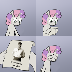 Size: 2000x2000 | Tagged: safe, artist:lemondevil, derpibooru import, edit, sweetie belle, pony, unicorn, bipedal, comic, crying, dialogue, exploitable meme, female, filly, gradient background, hoof hold, horn, letter, meme, obligatory pony, paper, r. lee ermey, sad, solo, speech bubble, sweetie's note meme, two toned hair, two toned mane, white coat