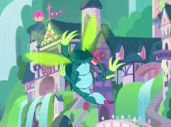 Size: 396x295 | Tagged: safe, derpibooru import, screencap, ocellus, arthropod, changeling, school daze, building, changeling mega evolution, cropped, flailing, flying, school of friendship, solo, stinger