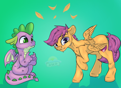 Size: 1800x1300 | Tagged: safe, artist:laurabaggins, artist:laurasscetches, derpibooru import, scootaloo, spike, dragon, pegasus, pony, commission, confused, couple, crying, dripping, drool, embarrassed, feather, female, floppy ears, male, sad, scootaloo can't fly, scootaspike, shipping, simple background, straight, teary eyes, winged spike, wings