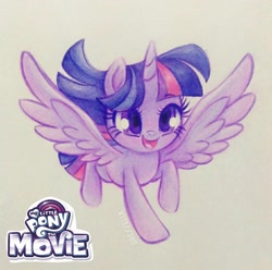 Size: 1280x1272 | Tagged: safe, artist:dressella, twilight sparkle, twilight sparkle (alicorn), alicorn, pony, my little pony: the movie, cute, drawing, flying, logo, smiling, traditional art, twiabetes