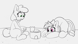 Size: 1280x725 | Tagged: safe, artist:pabbley, derpibooru import, oc, oc:tater trot, oc:wafflecakes, earth pony, pony, 30 minute art challenge, beach, female, frog (hoof), hoofbutt, lineart, mare, partial color, sandcastle, underhoof