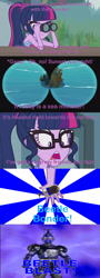 Size: 1280x3560 | Tagged: safe, derpibooru import, edit, edited screencap, screencap, sci-twi, twilight sparkle, better together, equestria girls, unsolved selfie mysteries, beetle bonder, beetleborgs, big bad beetleborgs, binoculars, blue stinger borg, clothes, comic, morphing, screencap comic, sunburst background, swimsuit, twilight morphs