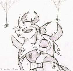 Size: 1638x1594 | Tagged: safe, artist:rossmaniteanzu, derpibooru import, pharynx, thorax, changedling, changeling, spider, arachnophobia, brothers, changedling brothers, duo, gray background, grayscale, king thorax, male, monochrome, pencil drawing, pharynx is not amused, pointing, prince pharynx, scared, simple background, traditional art, unamused