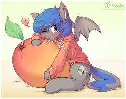 Size: 1327x1041 | Tagged: safe, artist:hoodie, derpibooru import, oc, oc only, oc:moonslurps, bat pony, bat pony oc, bat wings, blushing, clothes, food, heart, hoodie, hug, male, mango, one eye closed, sitting, solo