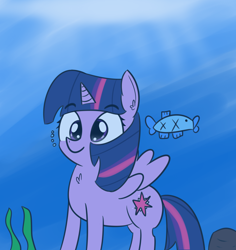 Size: 2500x2646 | Tagged: safe, artist:artiks, derpibooru import, twilight sparkle, twilight sparkle (alicorn), alicorn, fish, pony, bathing, female, mare, rock, seaweed, underwater