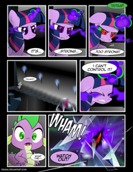 Size: 1275x1650 | Tagged: safe, artist:dsana, spike, twilight sparkle, twilight sparkle (alicorn), alicorn, dragon, pony, comic:the shadow shard, colored horn, comic, curved horn, dark magic, disembodied horn, horn, magic, sombra eyes, sombra's horn