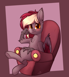 Size: 1280x1422 | Tagged: safe, artist:passigcamel, derpibooru import, oc, oc only, oc:velvet quill, hippogriff, blushing, chair, chest fluff, cute, ear piercing, piercing, sitting