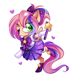 Size: 800x879 | Tagged: safe, artist:ipun, oc, oc only, oc:sweet skies, pegasus, pony, blushing, boots, clothes, cute, female, heart, looking at you, magical girl, mare, moe, one eye closed, ponytail, shoes, simple background, skirt, skirt lift, solo, transparent background, watermark, wink