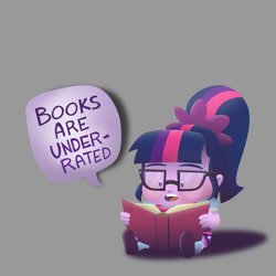 Size: 1000x1000 | Tagged: safe, artist:rawrienstein, sci-twi, twilight sparkle, equestria girls, book, cute, dialogue, female, glasses, gray background, simple background, sitting, solo, that pony sure does love books, twiabetes