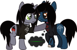 Size: 1785x1159 | Tagged: safe, artist:lightningbolt, derpibooru exclusive, earth pony, pony, undead, unicorn, zombie, zombie pony, .svg available, amazed, angry, annoyed, blood, bloodshot eyes, bone, bring me the horizon, chipped tooth, clothes, colored pupils, disguised siren, drop dead clothing, duo, duo male, electrocardiogram, emo, fangs, flatline, frown, glasgow smile, hair over one eye, horn, jewelry, kellin quinn, long sleeves, looking down, male, messy mane, messy tail, necklace, nosebleed, oliver sykes, open mouth, peeling flesh, ponified, pulled up sleeve, rainbow blood, raised hoof, raised leg, scar, shirt, simple background, sleeping with sirens, slit eyes, stallion, standing, stitches, story included, svg, t-shirt, tattered, tattoo, thought bubble, torn clothes, torn ear, touch, transparent background, trap, vector