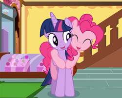 Size: 996x800 | Tagged: safe, artist:mlp-silver-quill, derpibooru import, edit, pinkie pie, twilight sparkle, twilight sparkle (alicorn), alicorn, earth pony, pony, cropped, cute, duo, smiling, sugarcube corner