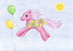 Size: 1024x723 | Tagged: safe, artist:normaleeinsane, pony, g1, balloon, solo, traditional art, up up and away