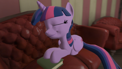 Size: 1280x720 | Tagged: safe, artist:mrm, derpibooru import, twilight sparkle, twilight sparkle (alicorn), alicorn, pony, 3d, book, cute, female, lying down, mare, sleeping, solo, source filmmaker, twiabetes