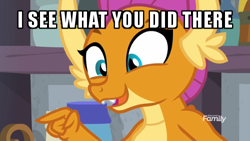 Size: 500x281 | Tagged: safe, derpibooru import, edit, edited screencap, screencap, smolder, dragon, molt down, amused, dragoness, female, i see what you did there, image macro, meme, pointing, solo