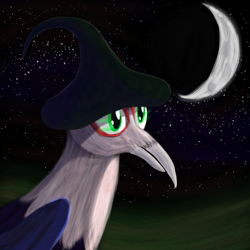 Size: 4096x4096 | Tagged: safe, artist:venaf, derpibooru import, oc, oc:verda iolani, griffon, absurd resolution, atg 2018, crescent moon, hat, moon, newbie artist training grounds, solo, stars, witch hat